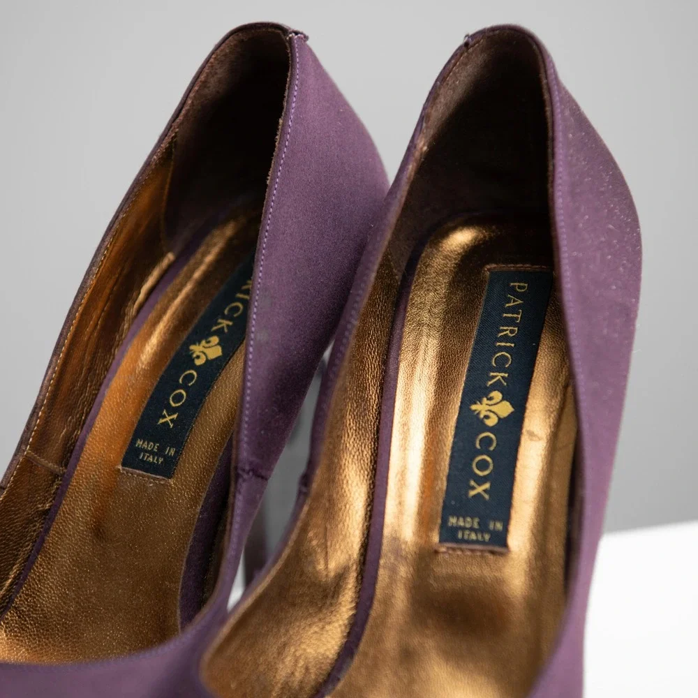 Patrick Cox Purple Platform Block Heels Sz 8.5 Glam Y2K 90s Chic Runway Mod Gala
